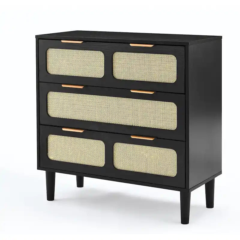 3 drawer dresser, modern rattan dresser cabinet with wide drawers and metal handles, farmhouse wooden storage chest of drawer