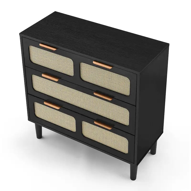 3 drawer dresser, modern rattan dresser cabinet with wide drawers and metal handles, farmhouse wooden storage chest of drawer