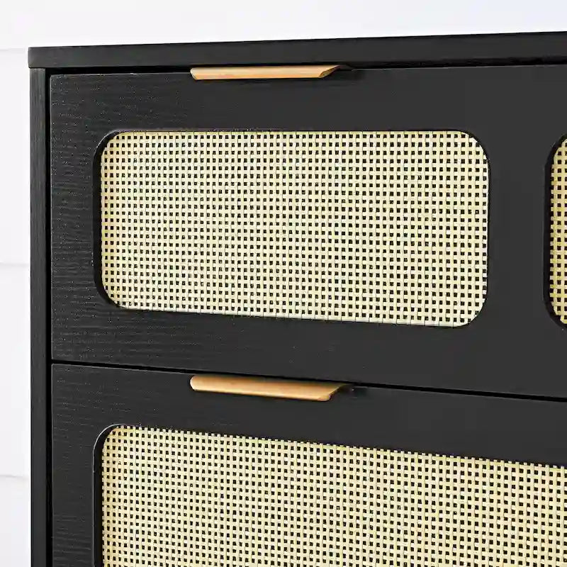 3 drawer dresser, modern rattan dresser cabinet with wide drawers and metal handles, farmhouse wooden storage chest of drawer