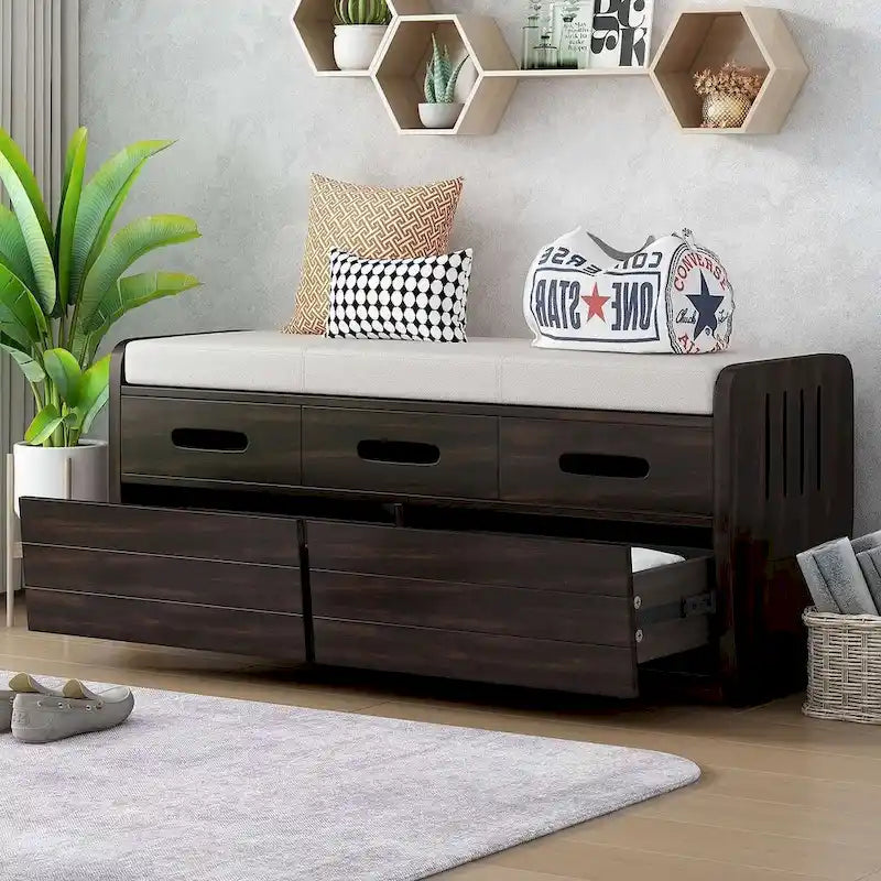 Banc de rangement rustique avec tiroirs et rangement dissimulé