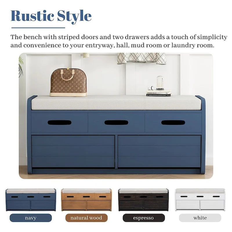 Banc de rangement rustique avec tiroirs et rangement dissimulé