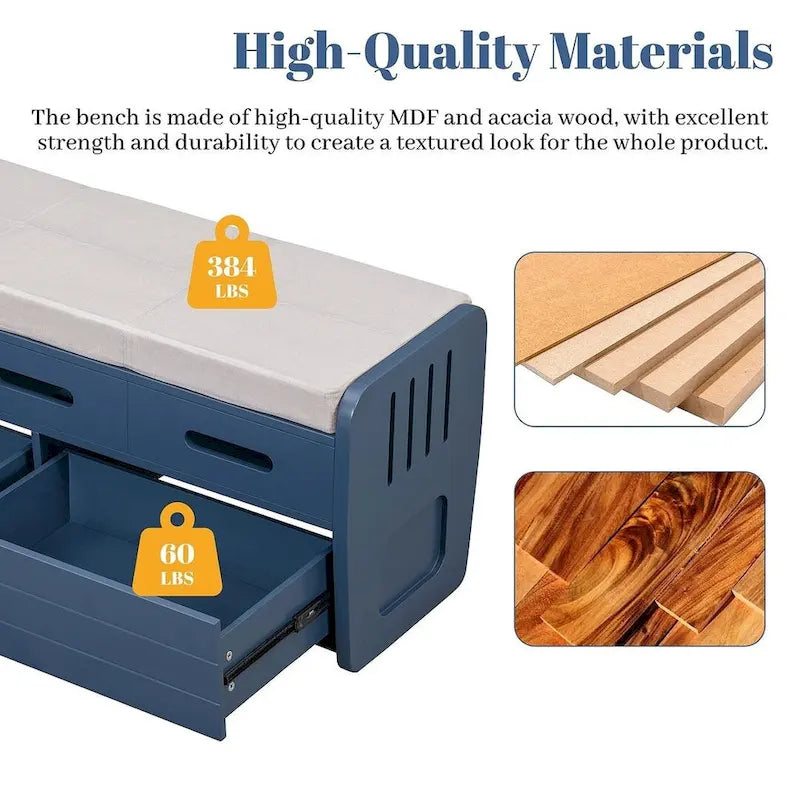 Banc de rangement rustique avec tiroirs et rangement dissimulé