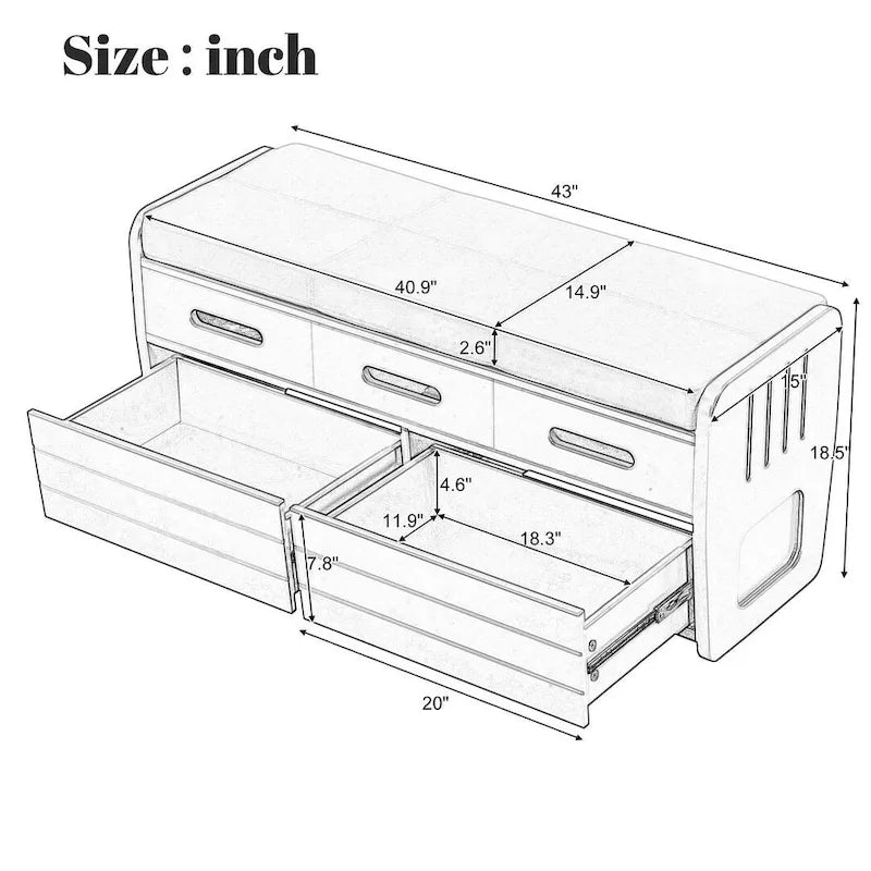 Banc de rangement rustique avec tiroirs et rangement dissimulé