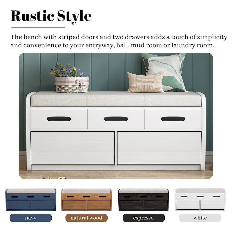 Banc de rangement rustique avec tiroirs et rangement dissimulé