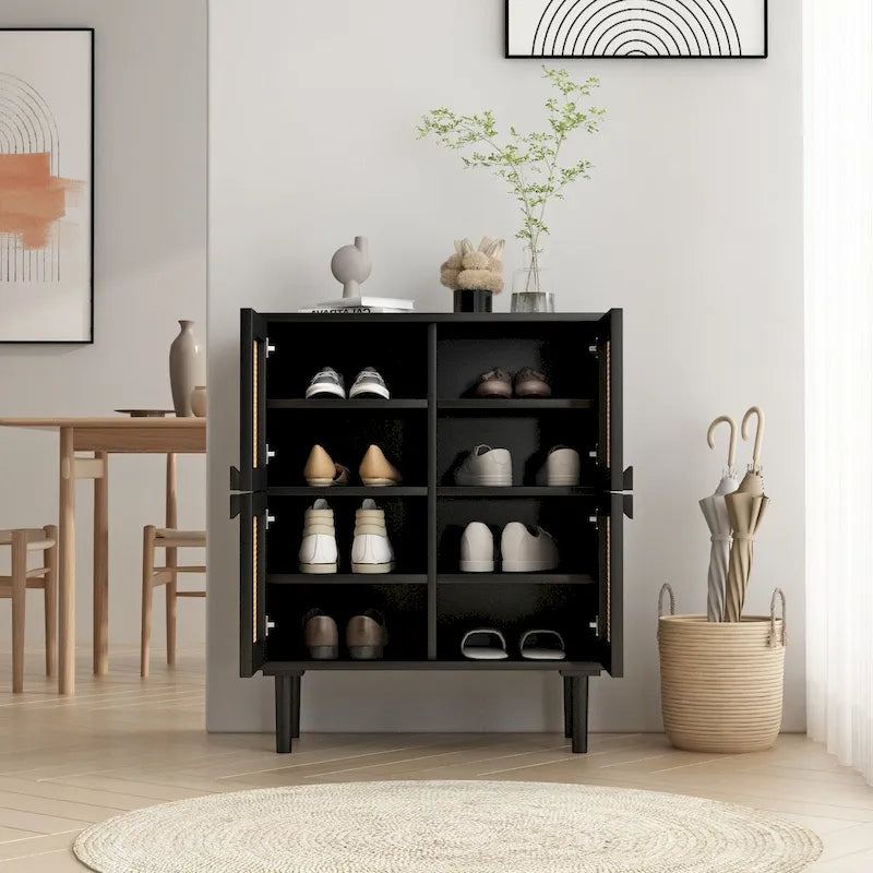 4 Doors Rattan Mesh Shoe Storage Cabinet for Entryway Living Room