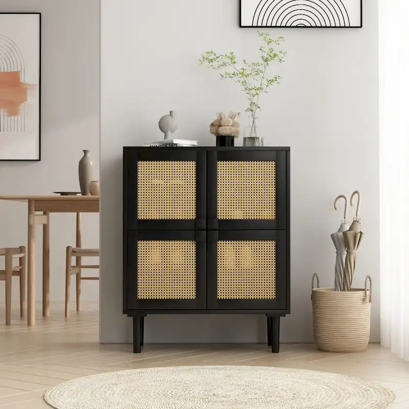 4 Doors Rattan Mesh Shoe Storage Cabinet for Entryway Living Room