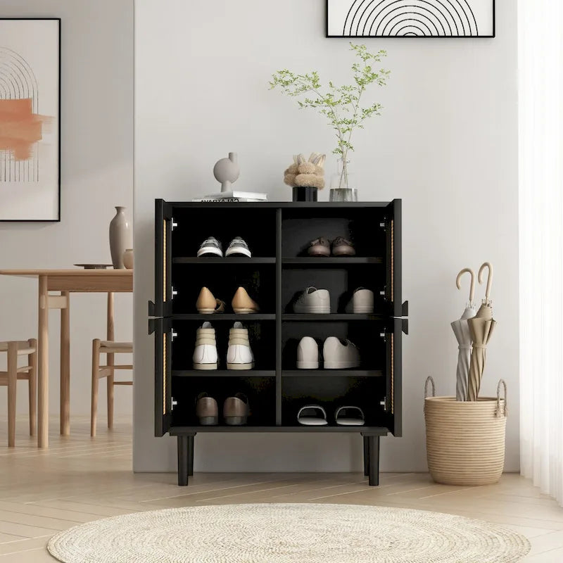 4 Doors Rattan Mesh Shoe Storage Cabinet for Entryway Living Room
