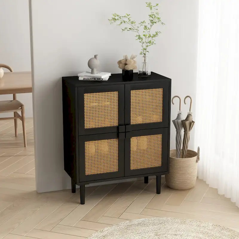 4 Doors Rattan Mesh Shoe Storage Cabinet for Entryway Living Room