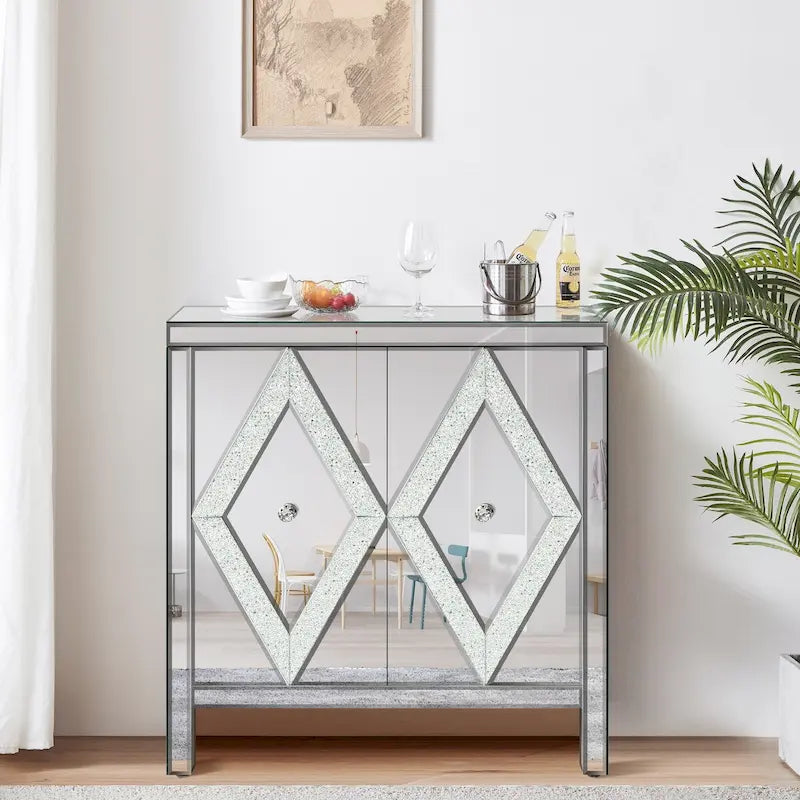 Storage Cabinet with Mirror Trim and Diamond Shape Design for Living Room, Dining Room, Entryway, Kitchen