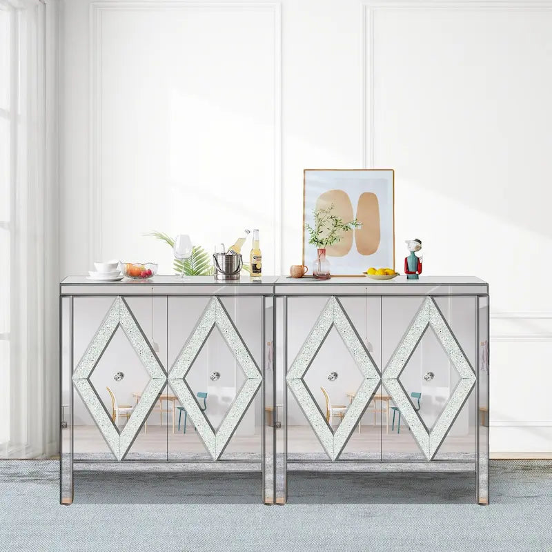 Meuble de rangement avec miroir décoratif et motif en losange pour salon, salle à manger, entrée, cuisine