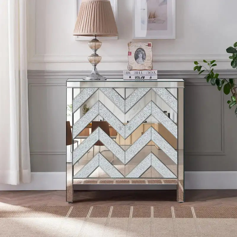 Meuble de rangement avec miroir décoratif et motif en losange pour salon, salle à manger, entrée, cuisine