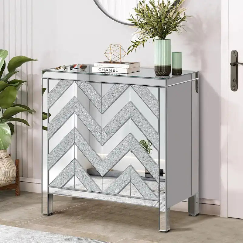 Meuble de rangement avec miroir décoratif et motif en losange pour salon, salle à manger, entrée, cuisine