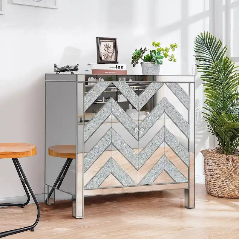Meuble de rangement avec miroir décoratif et motif en losange pour salon, salle à manger, entrée, cuisine