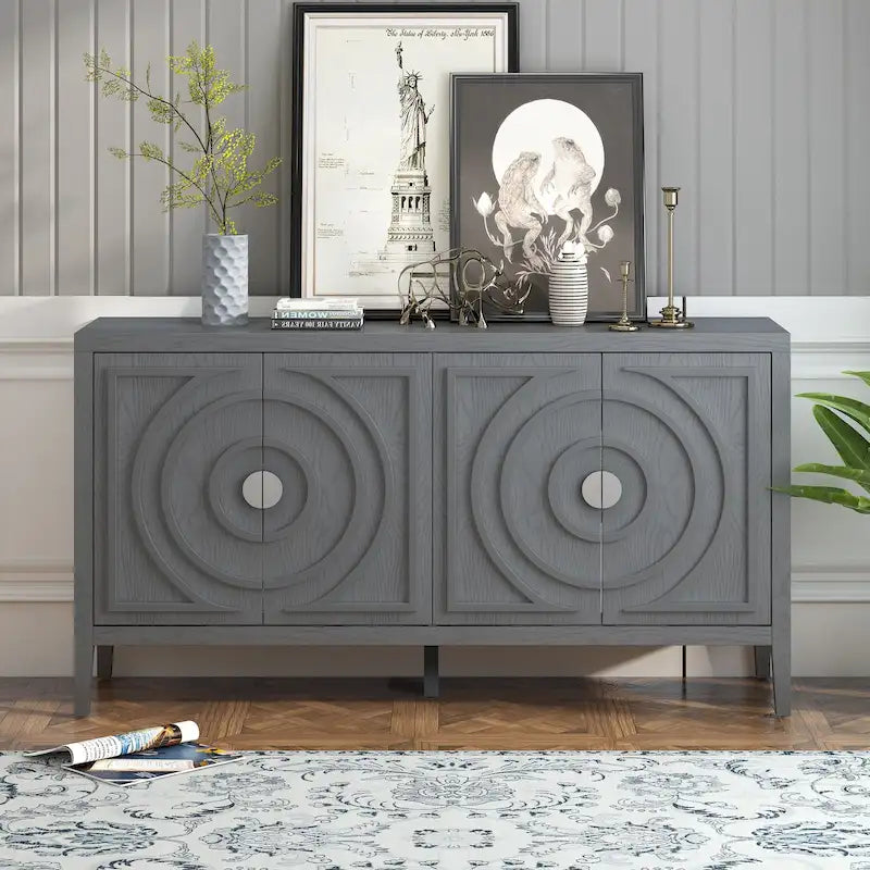 Retro Sideboard with Circular Groove Design Round Metal Door Handle