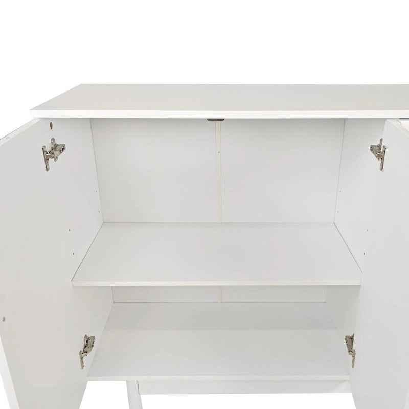 Stylish and Functional 4-Door Intaglio Storage Cabinet with Pine Legs, Solid Wood Pulls and MDF