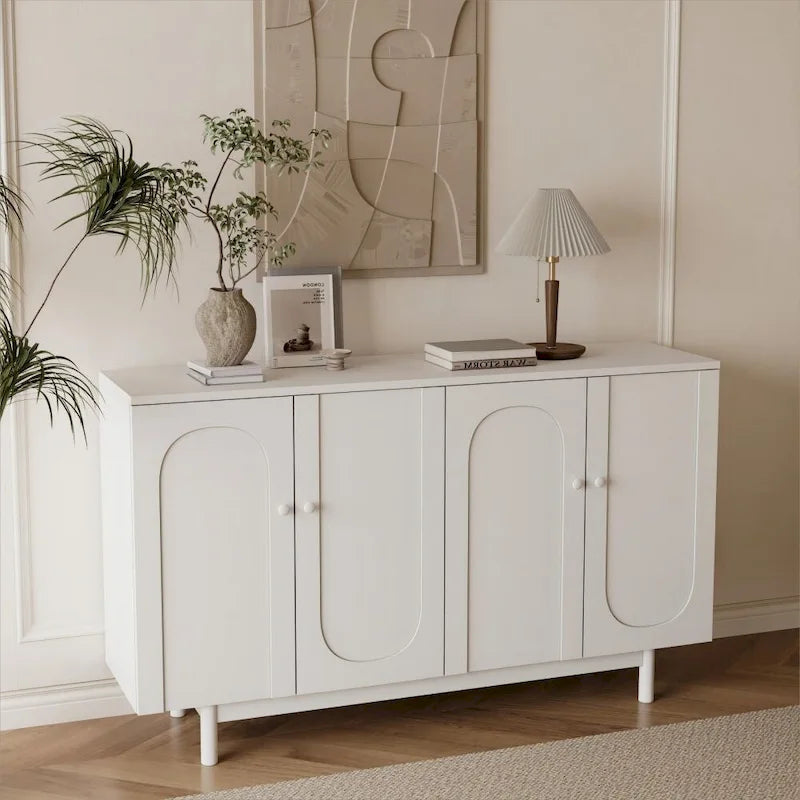 Stylish and Functional 4-Door Intaglio Storage Cabinet with Pine Legs, Solid Wood Pulls and MDF