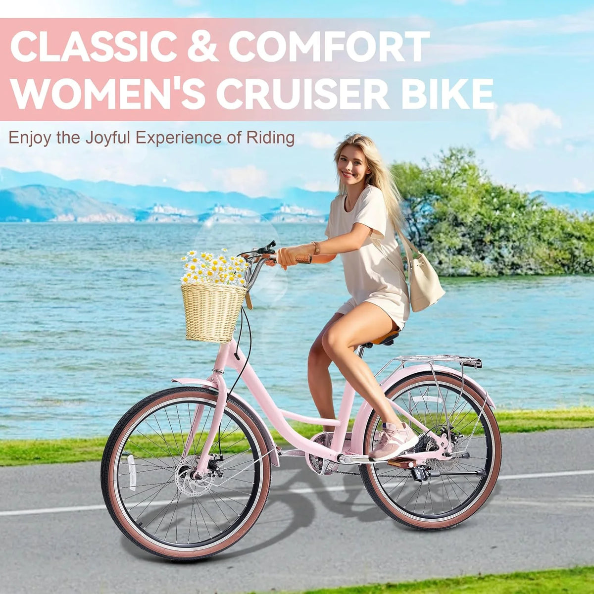 26 Vélos de Plage pour Femme, Vélos Pipleo pour Femme avec Panier en Rotin, 7 Vitesses & Cadre Ouvert