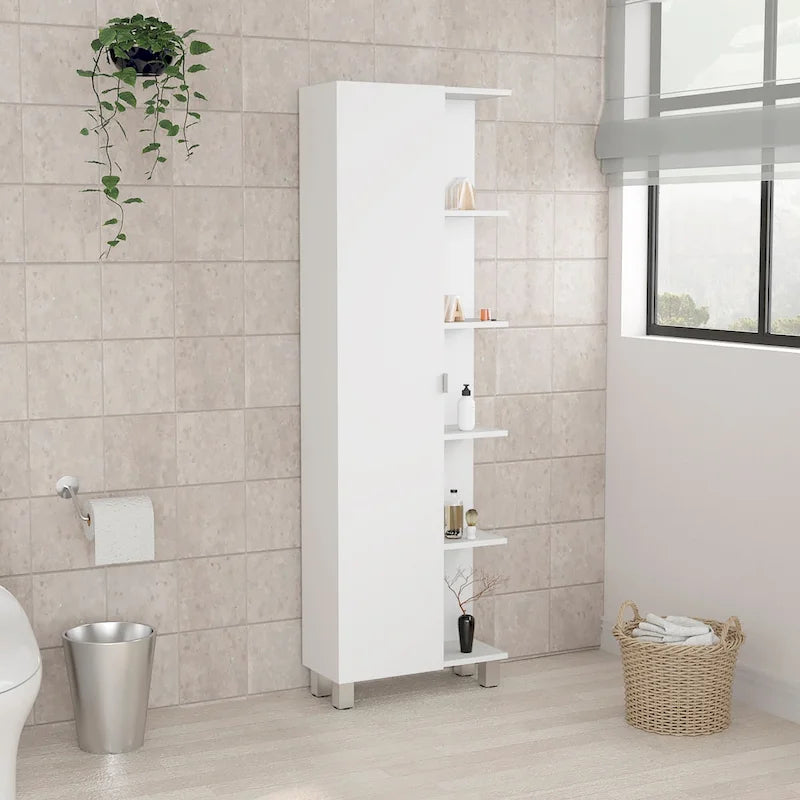 Corner Linen Cabinet, Five External Shelves, Single Door, Four Interior Shelves -White