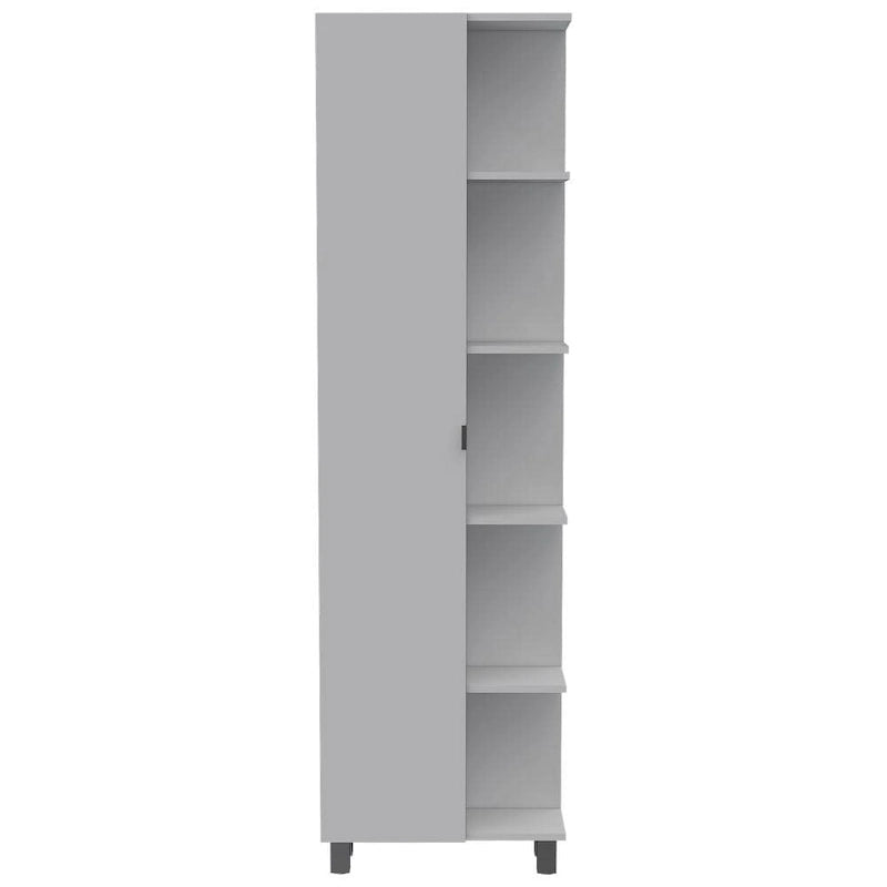 Corner Linen Cabinet, Five External Shelves, Single Door, Four Interior Shelves -White