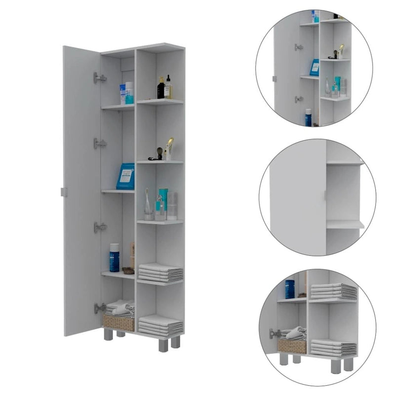 Corner Linen Cabinet, Five External Shelves, Single Door, Four Interior Shelves -White