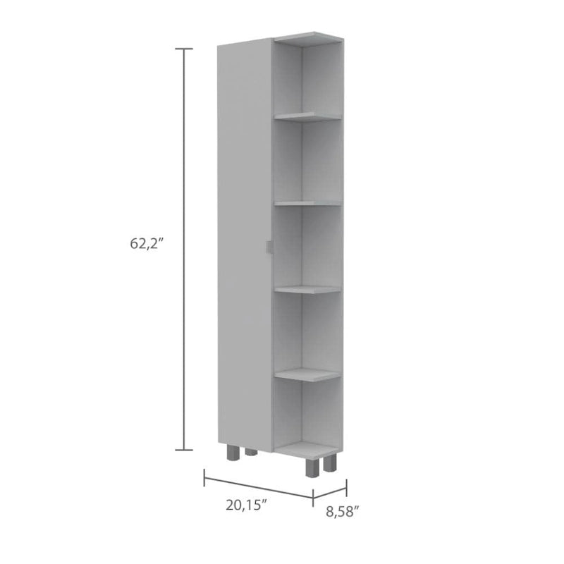 Corner Linen Cabinet, Five External Shelves, Single Door, Four Interior Shelves -White