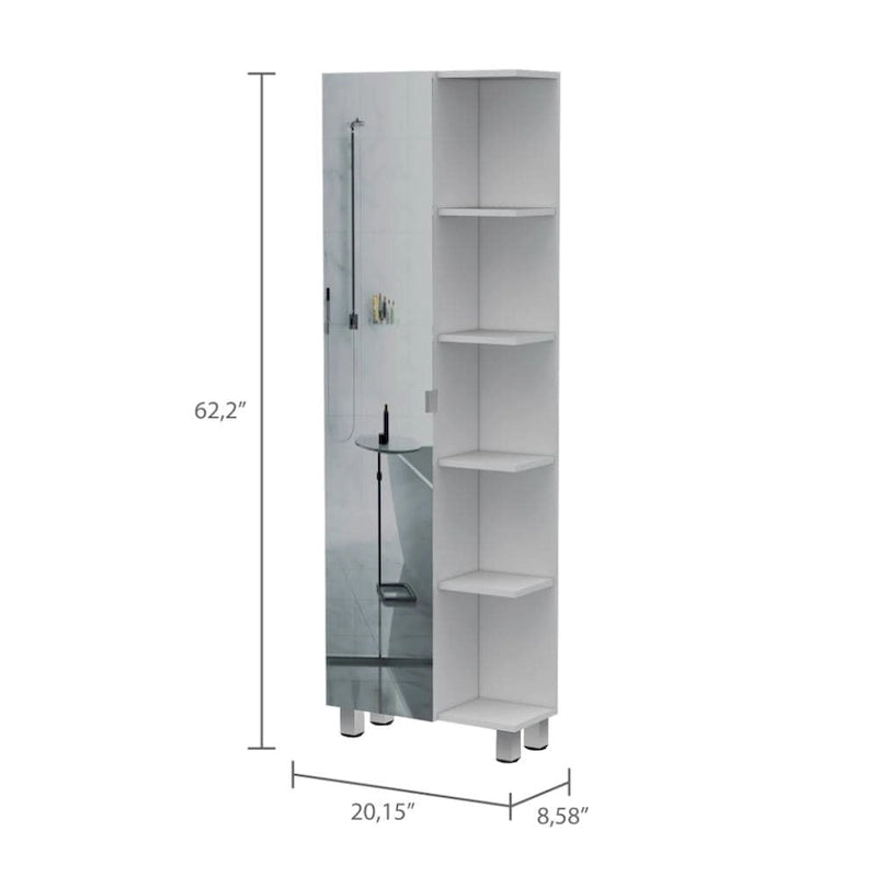 Corner Linen Cabinet, Five External Shelves, Single Door, Four Interior Shelves -White