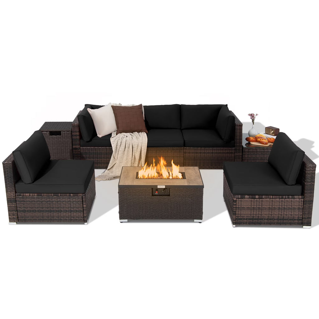 Costway Salon de Jardin en Rotin 8 Pièces avec Table Brasero et Couvercle Noir pour Terrasse
