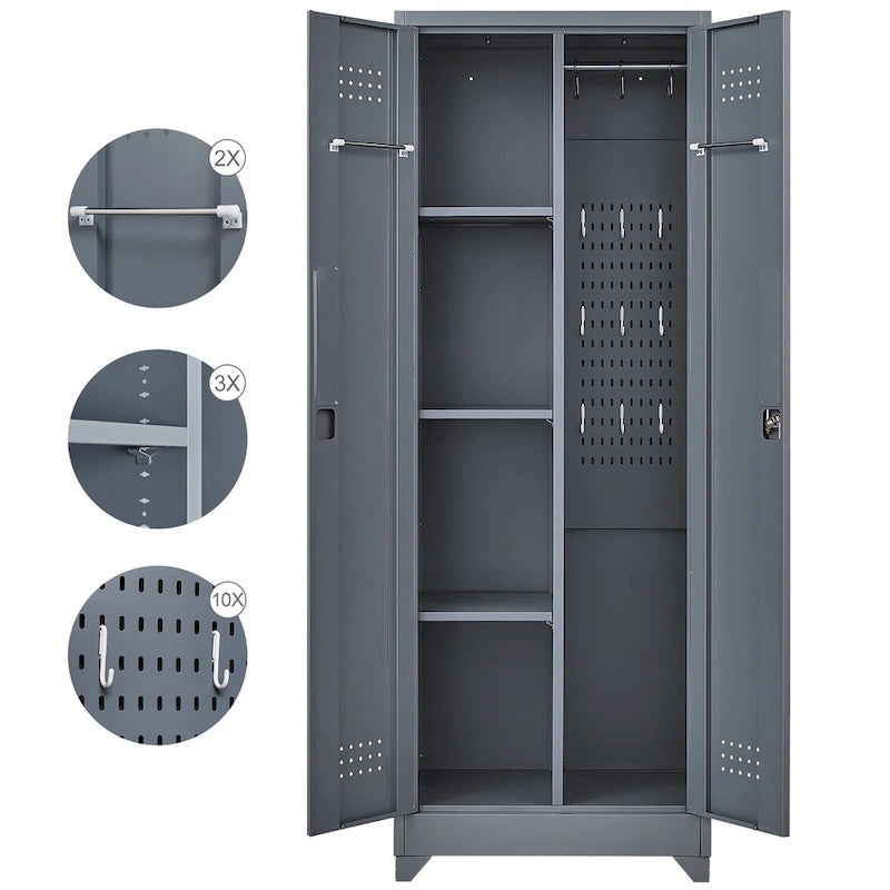 Armoires de rangement métalliques, Armoire à outils avec porte verrouillable, Organisateur et rangement pour balais hauts, Grande armoire de rangement pour cuisine