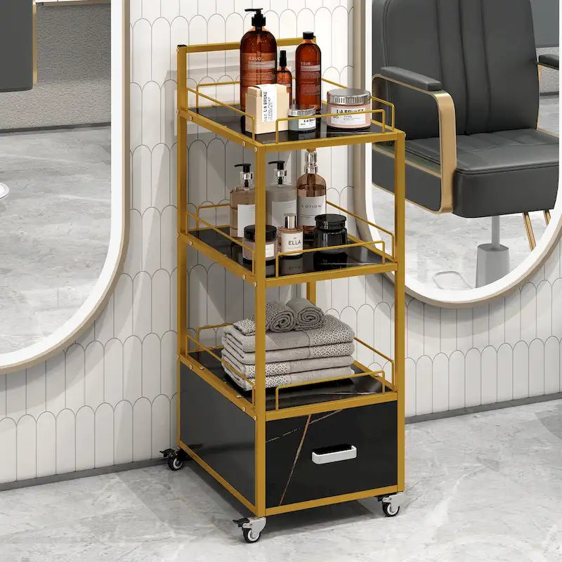 Chariot de rangement pour salon de beauté, avec roues verrouillables, cadre en métal, planche marbrée, tiroir, mobilier de salon de coiffure