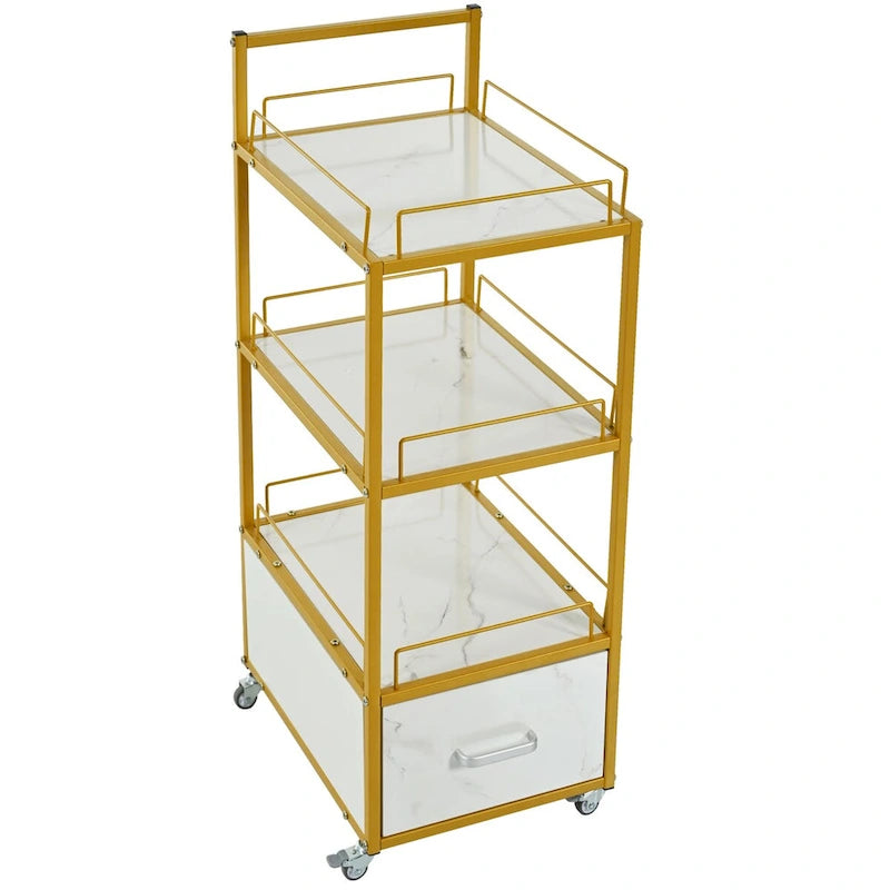 Beauty Salon Storage Trolley Cart,with Lockable Rolling Wheels,Metal Frame Marbled Board,Drawer Barber Salon Furniture