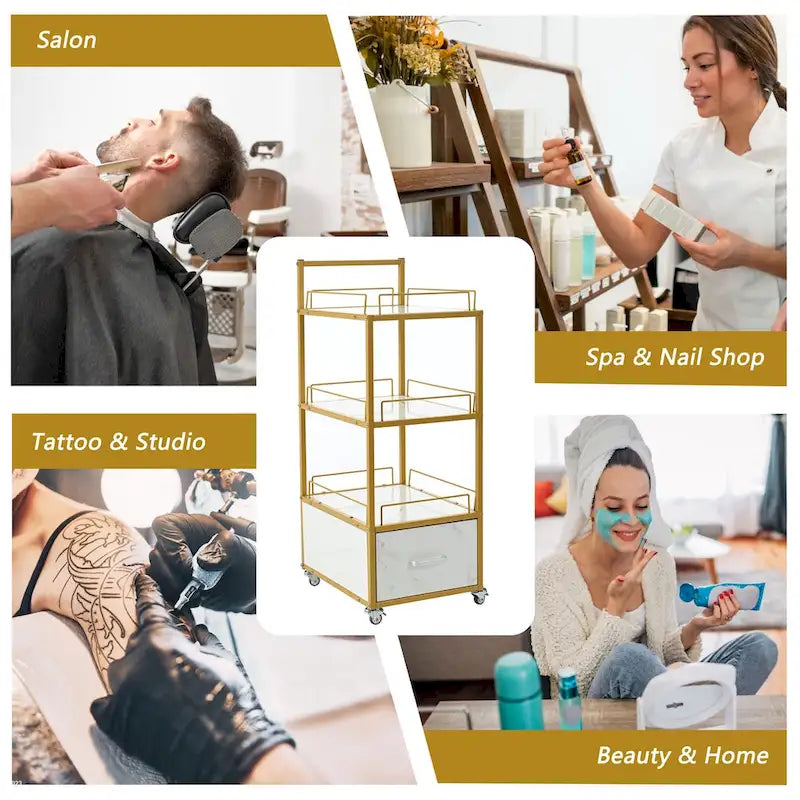 Beauty Salon Storage Trolley Cart,with Lockable Rolling Wheels,Metal Frame Marbled Board,Drawer Barber Salon Furniture