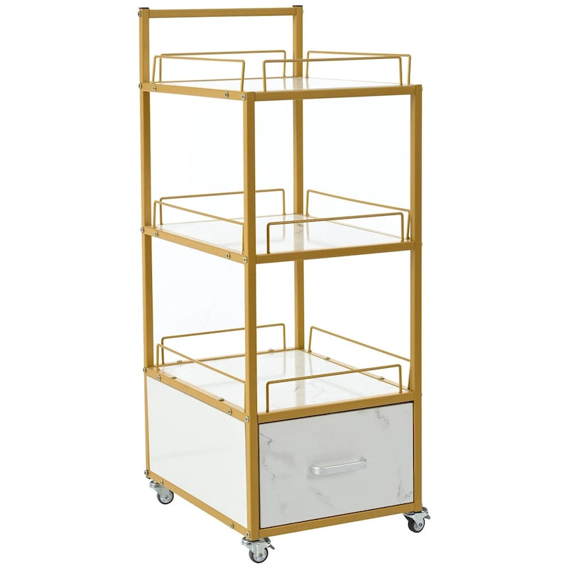 Chariot de rangement pour salon de beauté, avec roues verrouillables, cadre en métal, planche marbrée, tiroir, mobilier de salon de coiffure