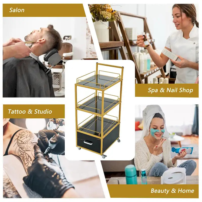 Chariot de rangement pour salon de beauté, avec roues verrouillables, cadre en métal, planche marbrée, tiroir, mobilier de salon de coiffure
