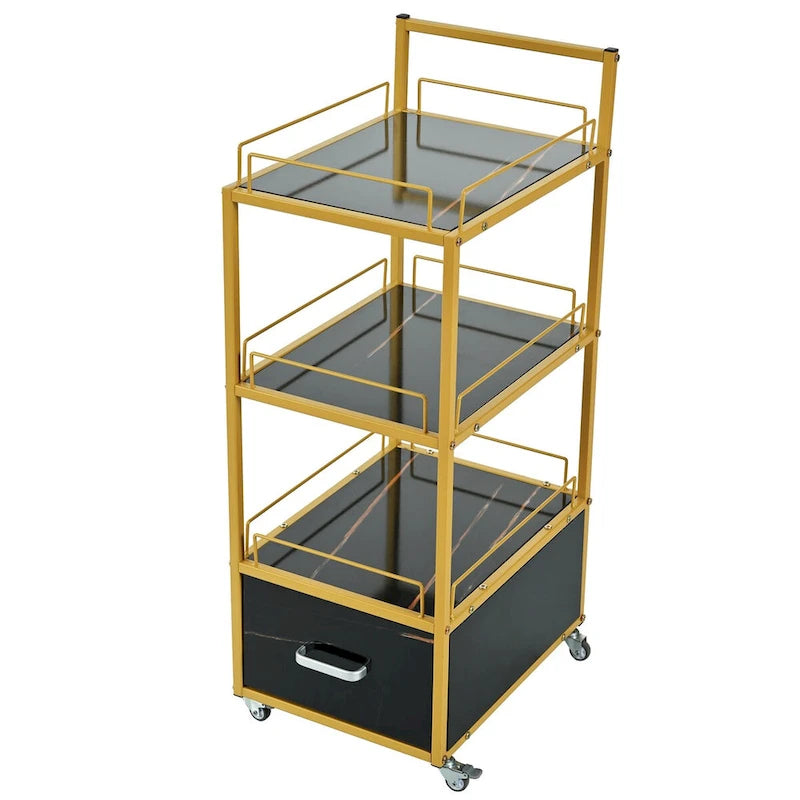 Chariot de rangement pour salon de beauté, avec roues verrouillables, cadre en métal, planche marbrée, tiroir, mobilier de salon de coiffure