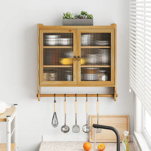 24.8 Vintage Glass Door Wall Cabinet with Double Doors, Three-Tier Storage, and Towel Rack