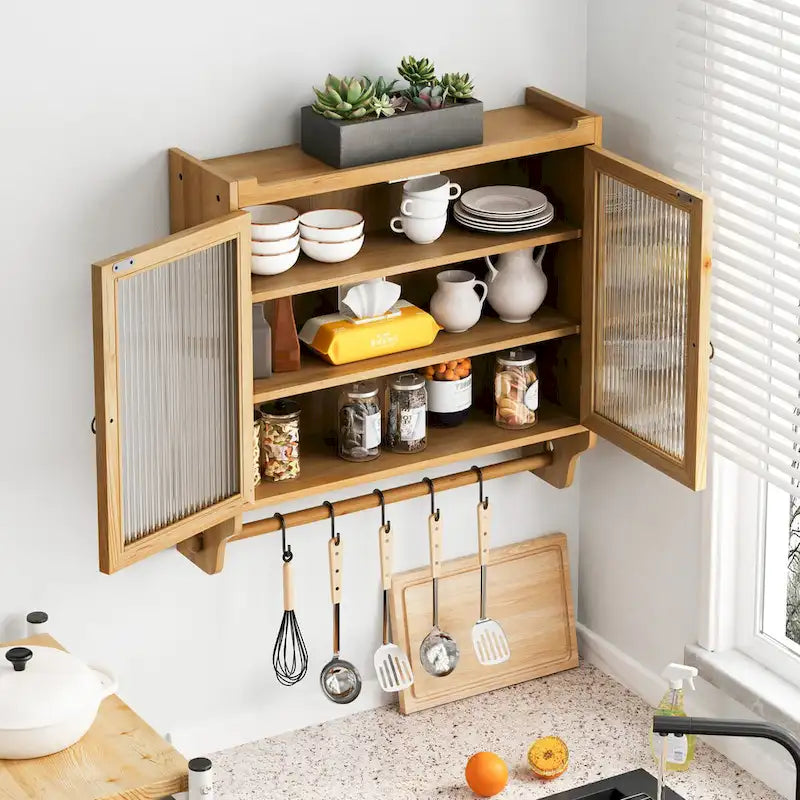24.8 Vintage Glass Door Wall Cabinet with Double Doors, Three-Tier Storage, and Towel Rack