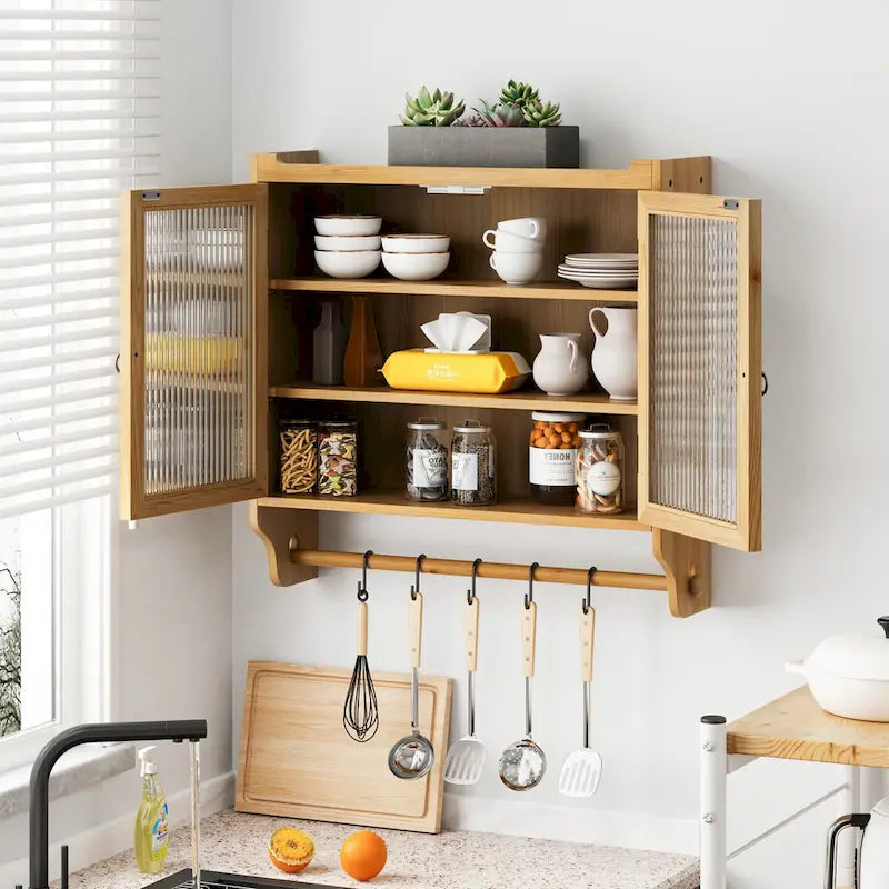 24.8 Vintage Glass Door Wall Cabinet with Double Doors, Three-Tier Storage, and Towel Rack