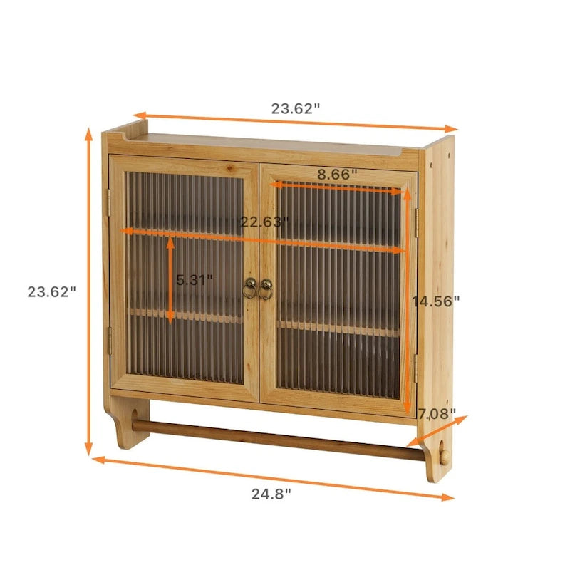 24.8 Vintage Glass Door Wall Cabinet with Double Doors, Three-Tier Storage, and Towel Rack