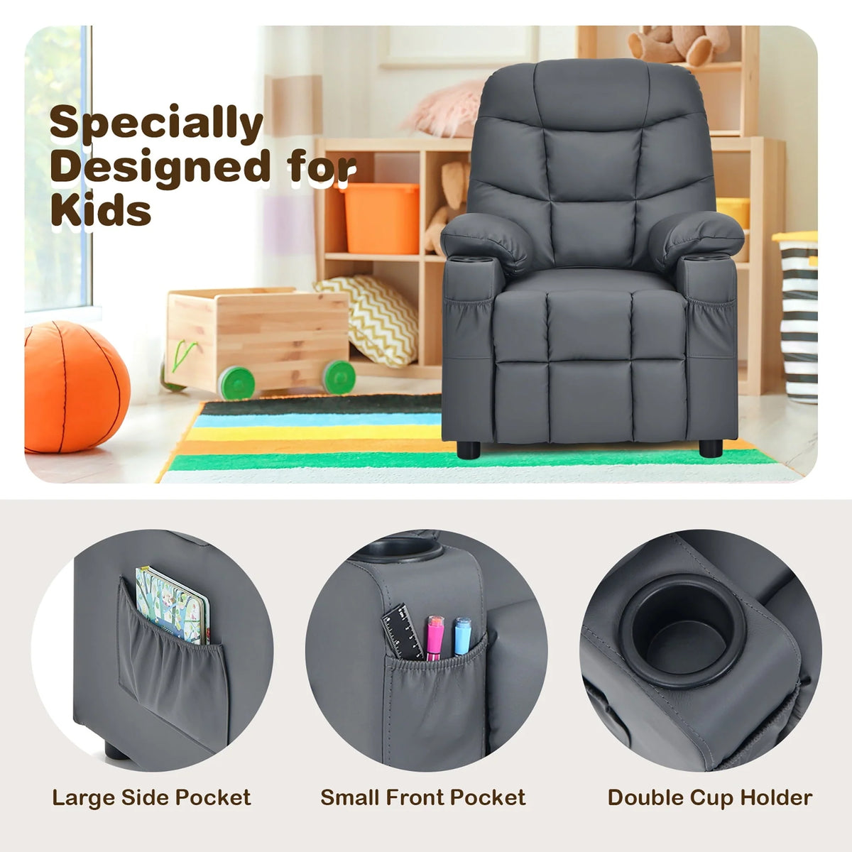 Fauteuil inclinable pour enfant et adolescent Costway en similicuir PU avec porte-gobelets et poches latérales, gris
