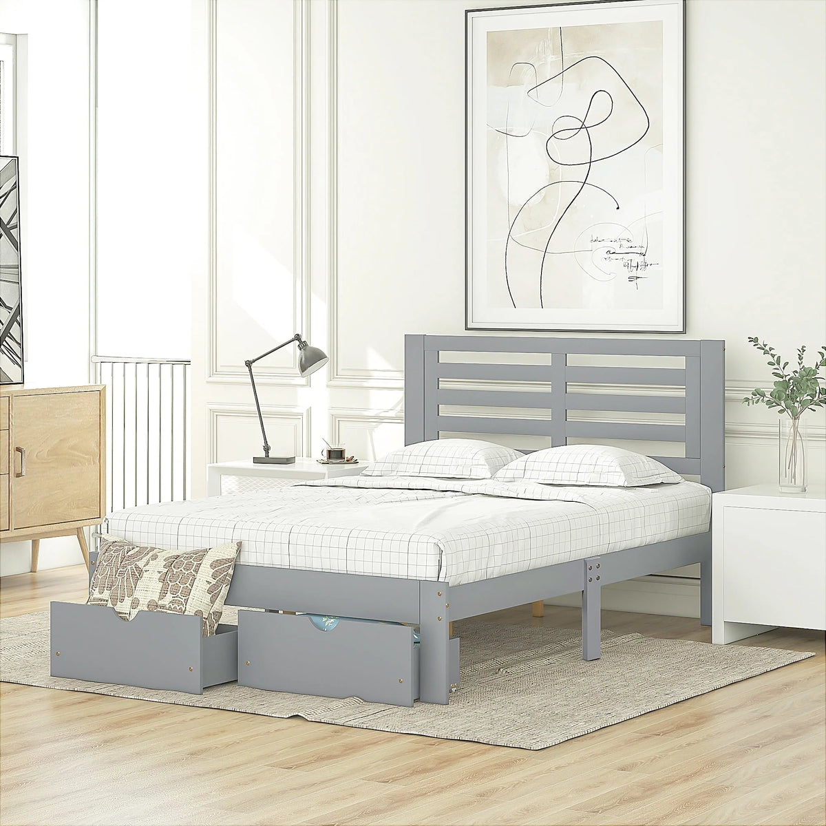 Cadre de lit plateforme avec rangement et tête de lit, cadre de lit double en bois de pin pour chambre, style moderne, avec tiroirs, lattes en bois, support jusqu’à 181 kg, sans sommier requis, gris