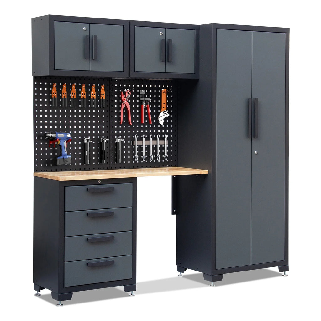 Système d'armoires de rangement de garage HPDMC, ensemble d'atelier de 7 pièces, système d'armoires de garage en métal avec tiroirs en acier, établi et panneau perforé pour l'organisation des outils de garage