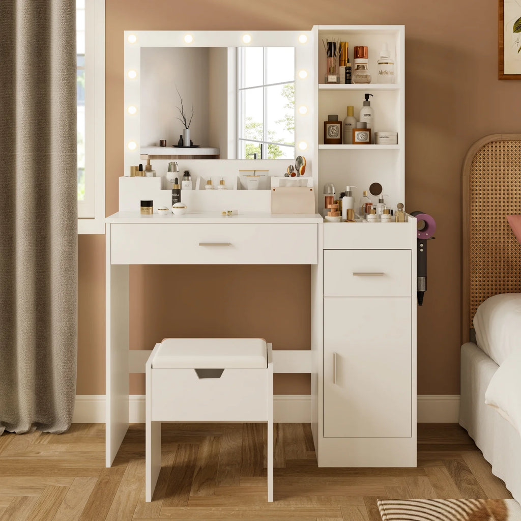 Ensemble coiffeuse avec miroirs et éclairage réglable, coiffeuse avec prise électrique pour chambre ou dressing, blanc