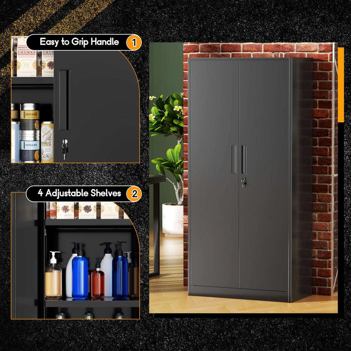 SOLAURA 71 Armoire de rangement métallique pour garage avec portes verrouillables et étagères réglables pour maison, bureau (Noir)