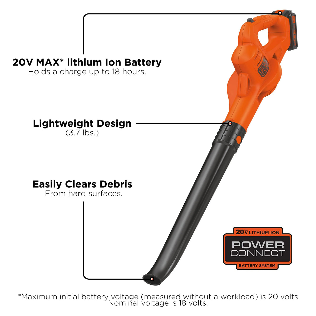 Souffleur de feuilles sans fil BLACK+DECKER 20 V, 1,5 Ah, batterie lithium-ion et chargeur inclus