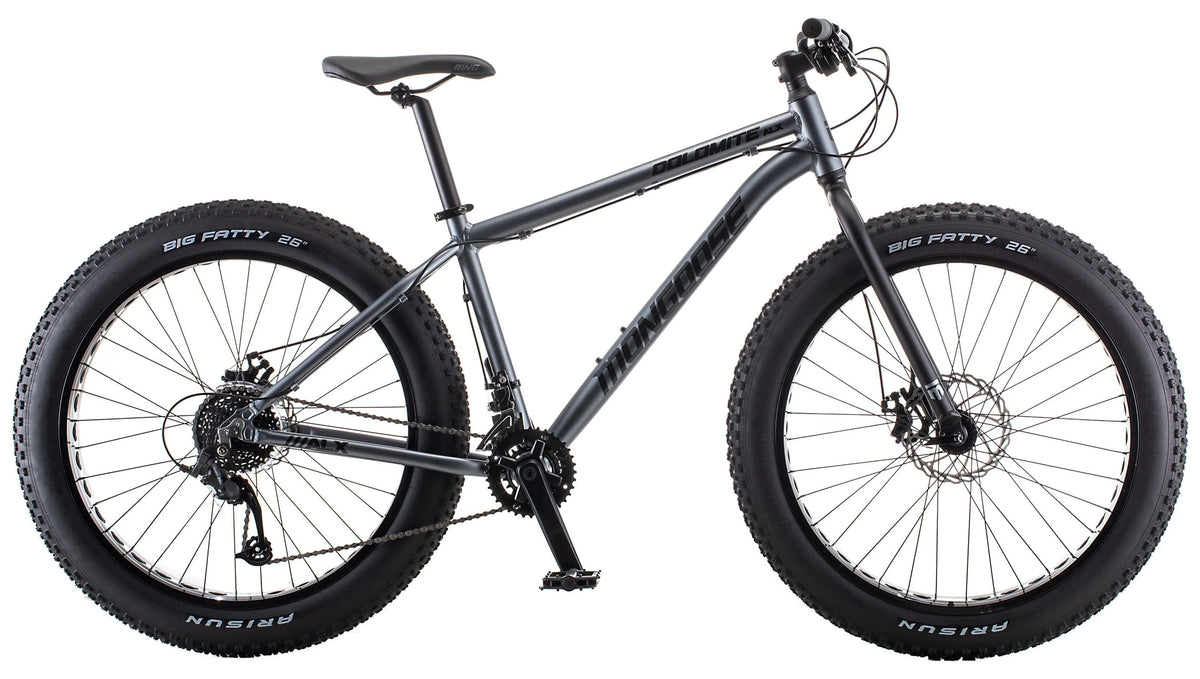 26 Mongoose Dolomite ALX Vélo tout-terrain unisexe à pneus larges, Gris, 12 ans et +
