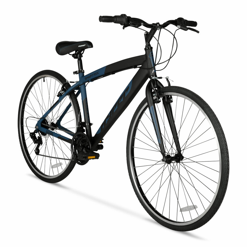 Vélo hybride Hyper Brand Bicycle 700c Spin Fit pour homme, noir et bleu, adulte