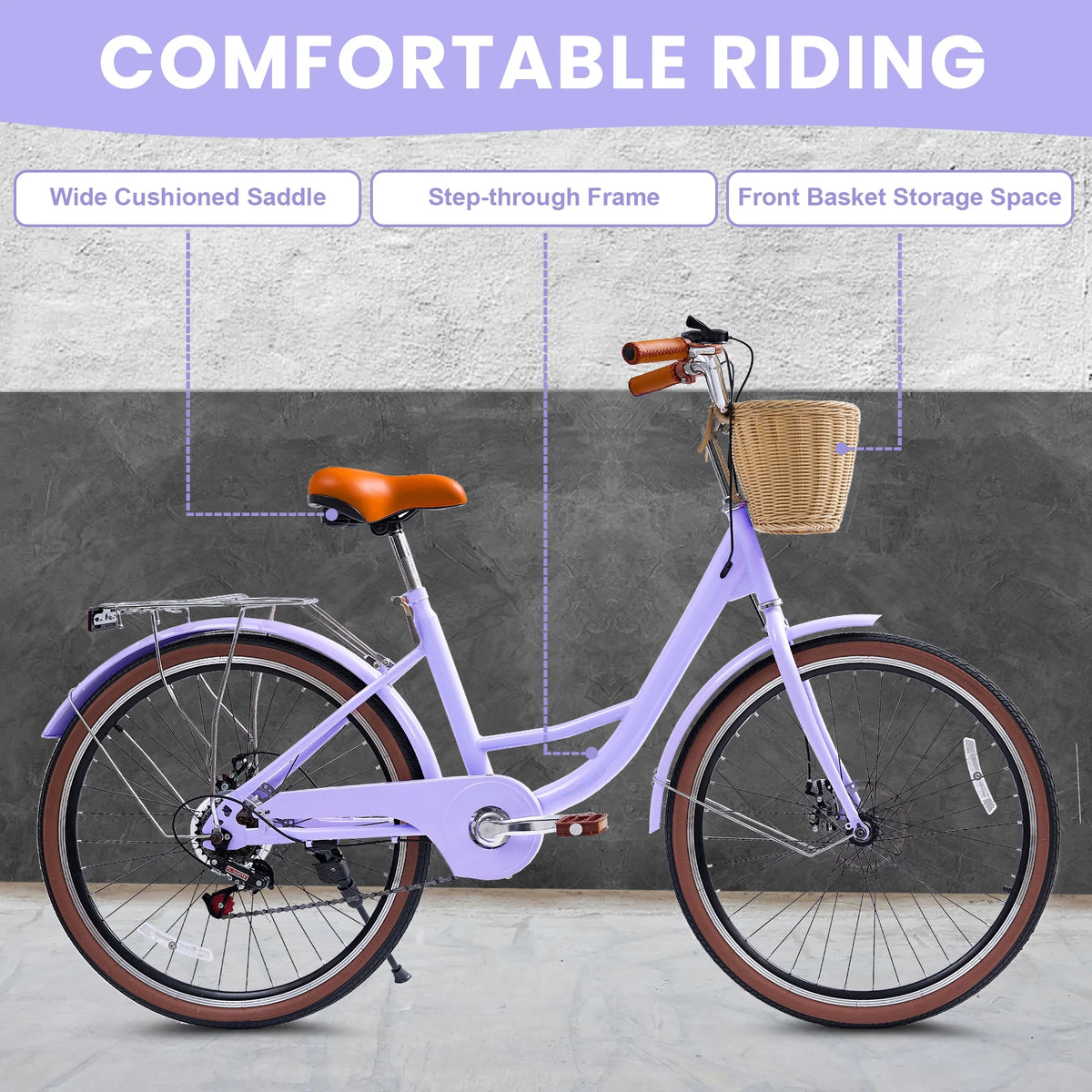 26 Vélos de Plage pour Femme, Vélos Pipleo pour Femme avec Panier en Rotin, 7 Vitesses & Cadre Ouvert