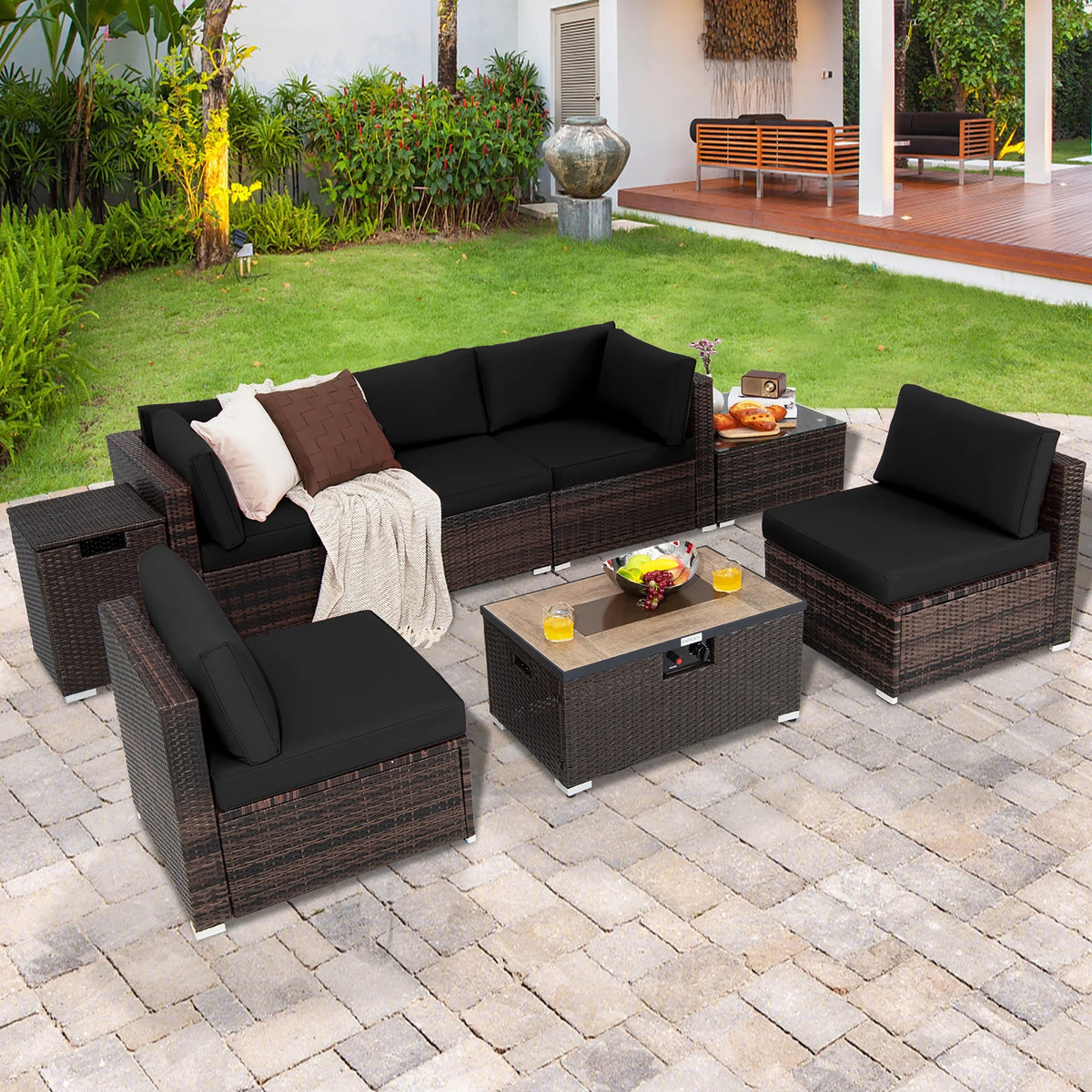 Costway Salon de Jardin en Rotin 8 Pièces avec Table Brasero et Couvercle Noir pour Terrasse
