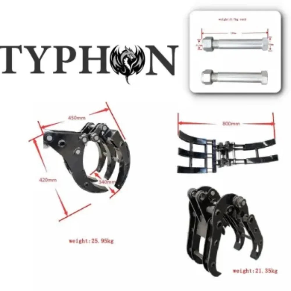 TYPHON Ensemble d’accessoires 10-en-1 pour mini-pelle C Coupleur rapide, Godets, Griffe, Déracineur, Foreuse, Pince, Godet basculant & Marteau hydraulique C Convient aux pelles de 0,6 à 2 tonnes, Kit d’outils robuste