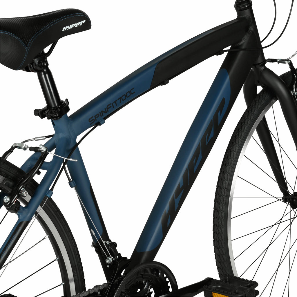 Vélo hybride Hyper Brand Bicycle 700c Spin Fit pour homme, noir et bleu, adulte